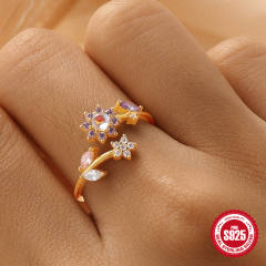 925 sterling silver cubic zircon flower adjustable finger rings