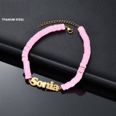 Boho colorful clay beads custom name stainless steel bracelet
