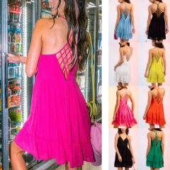 Summer design plain color sexy hollow out backless halter neck dress short dress