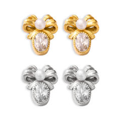 French trend vintage cubic zircon setting bow stainless steel earrings