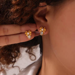 French trend vintage cubic zircon setting bow stainless steel earrings