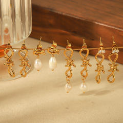 18KG elegant knotted pearl drop stainless steel earrings collection