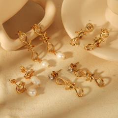 18KG elegant knotted pearl drop stainless steel earrings collection