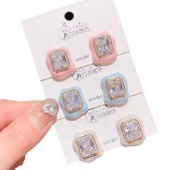 925 needle summer design candy color diamond square studs earrings