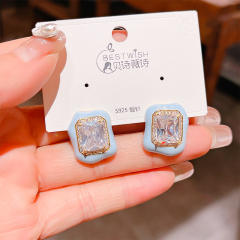 925 needle summer design candy color diamond square studs earrings