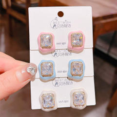 925 needle summer design candy color diamond square studs earrings