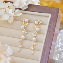 French trend elegant pearl bead gold plated copper dangle earrings wedding prom earrings