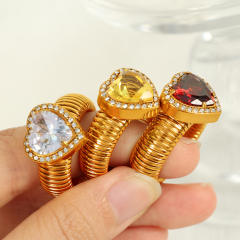 Chunky colorful cubic zircon heart diamond stainless steel finger rings