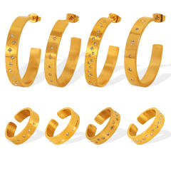 Concise easy match rhinestone setting stainless steel big hoop earrings finger rings