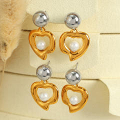 Personality mix color pearl bead heart stainless steel earrings