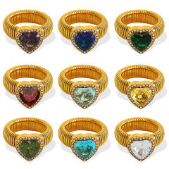 Chunky colorful cubic zircon heart diamond stainless steel finger rings