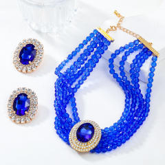Luxury blue white color diamond earrings strand choker necklace set prom necklace