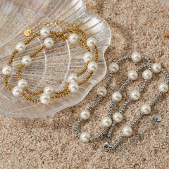 Elegant pearl bead stainless steel bead choker necklace