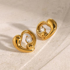 18KG chunky heart cubic zircon hollow out stainless steel earrings