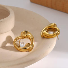 18KG chunky heart cubic zircon hollow out stainless steel earrings