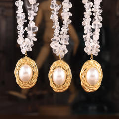 Vintage crystal stone bead chain oval pearl pendant stainless steel necklace