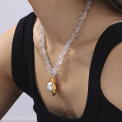 Vintage crystal stone bead chain oval pearl pendant stainless steel necklace