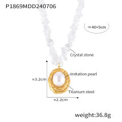 Vintage crystal stone bead chain oval pearl pendant stainless steel necklace
