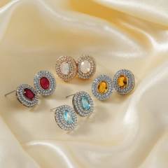 Creative oval shape cubic zircon colorful diamond studs earrings