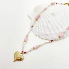 Sweet pink color natural stone stainless steel heart charm necklace bracelet set