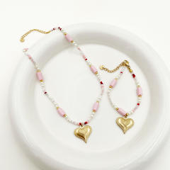 Sweet pink color natural stone stainless steel heart charm necklace bracelet set