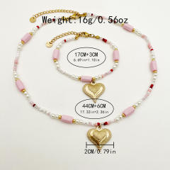 Sweet pink color natural stone stainless steel heart charm necklace bracelet set
