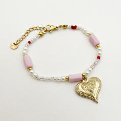 Sweet pink color natural stone stainless steel heart charm necklace bracelet set