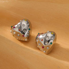 18KG chunky heart stainless steel earrings with rhinestone