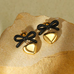 18KG color enamel sweet bow heart dangle stainless steel earrings