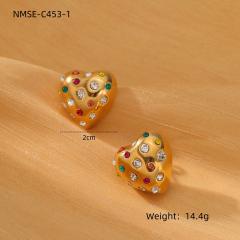 18KG chunky heart stainless steel earrings with rhinestone