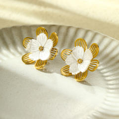 Concise 18KG hollow out stereo flower petal stainless steel earrings