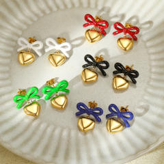 18KG color enamel sweet bow heart dangle stainless steel earrings