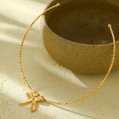 Personality easy match sweet bow charm stainless steel cuff choker necklace
