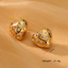 18KG chunky heart stainless steel earrings with rhinestone