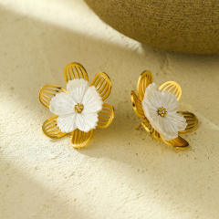 Concise 18KG hollow out stereo flower petal stainless steel earrings