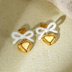 18KG color enamel sweet bow heart dangle stainless steel earrings
