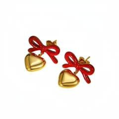 18KG color enamel sweet bow heart dangle stainless steel earrings