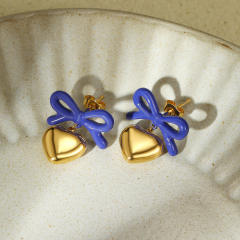 18KG color enamel sweet bow heart dangle stainless steel earrings