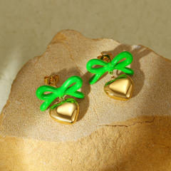 18KG color enamel sweet bow heart dangle stainless steel earrings