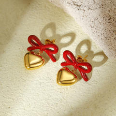 18KG color enamel sweet bow heart dangle stainless steel earrings
