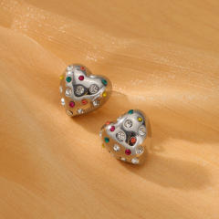 18KG chunky heart stainless steel earrings with rhinestone