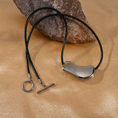18KG chunky geometric pendant black PU leather stainless steel necklace