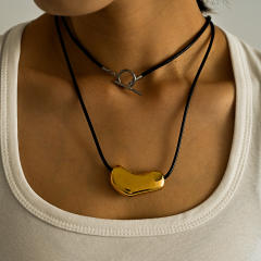 18KG chunky geometric pendant black PU leather stainless steel necklace