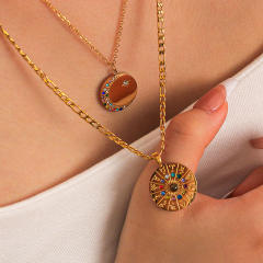 Delicate diamond round pendant zodiac pendant stainless steel necklace
