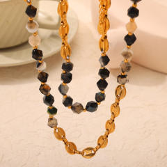 Vintage irregular shape natural stone bead stainless steel chain necklace set