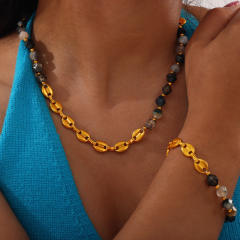 Vintage irregular shape natural stone bead stainless steel chain necklace set