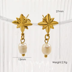14KG french sereis white pearl shell geometric stainless steel earrings
