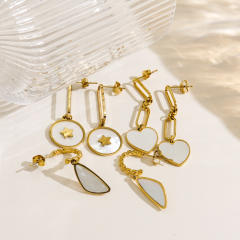 14KG french sereis white pearl shell geometric stainless steel earrings