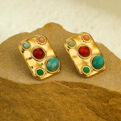 Boho colorful natural stone statement block pendant stainless steel necklace set