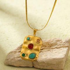 Boho colorful natural stone statement block pendant stainless steel necklace set